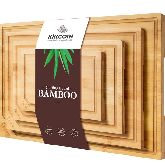 4-piece extra large heavy duty bamboo cutting board set With Inner handle design.