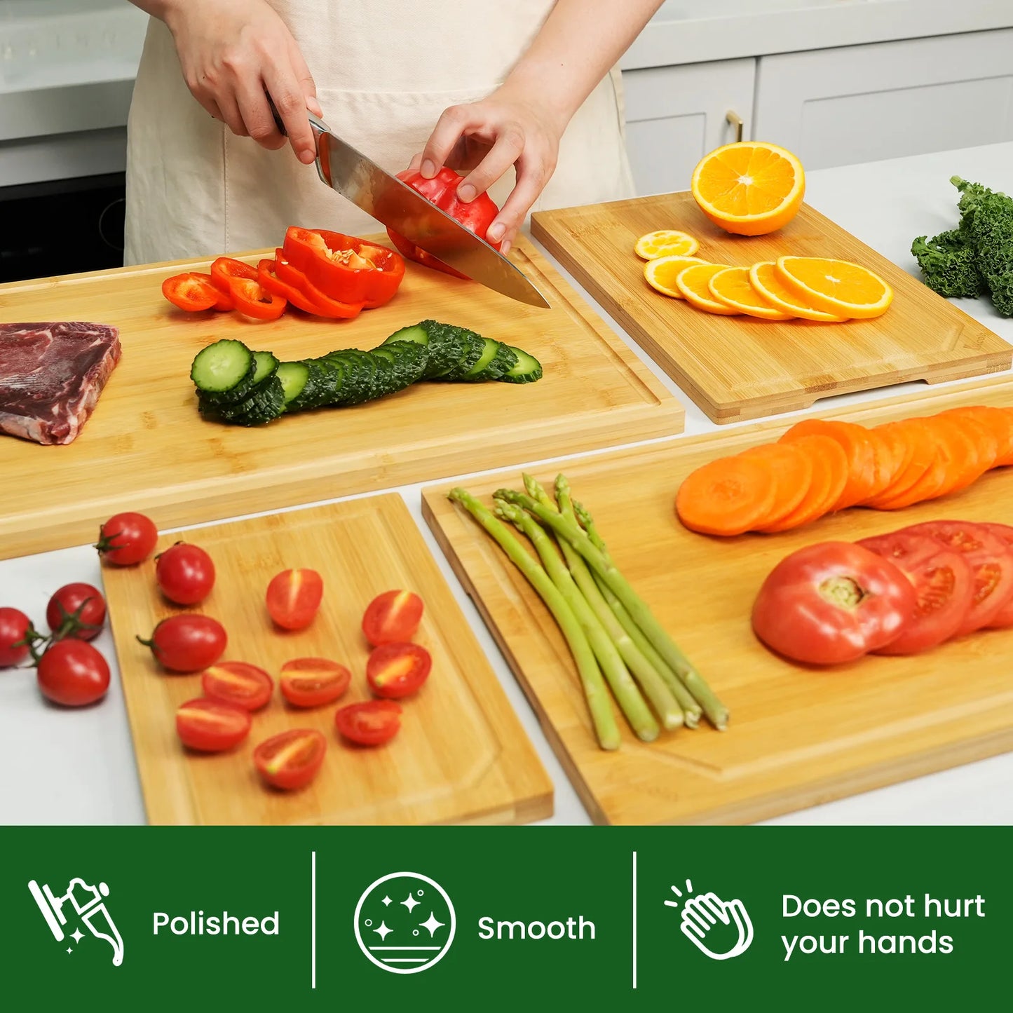 4-piece extra large heavy duty bamboo cutting board set With Inner handle design.
