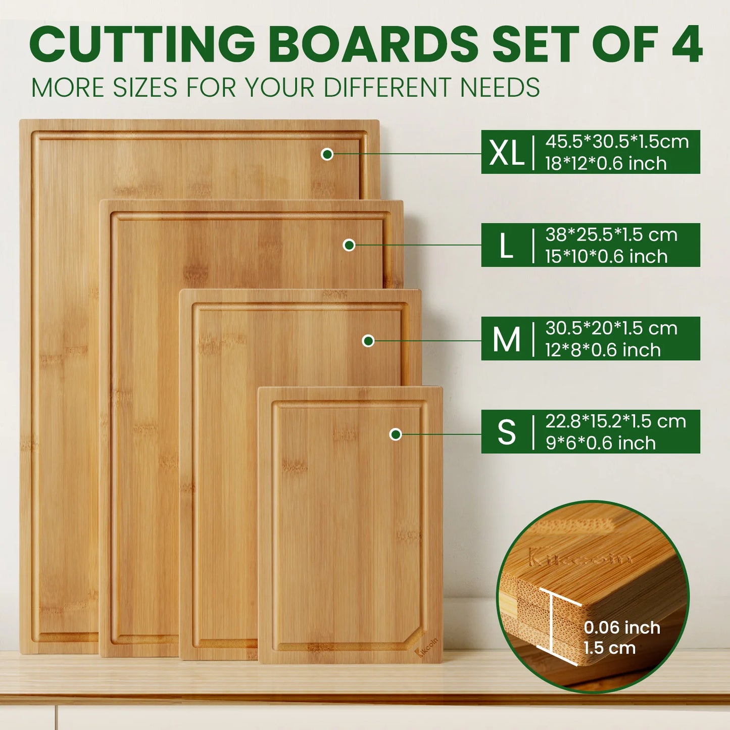 4-piece extra large heavy duty bamboo cutting board set With Inner handle design.