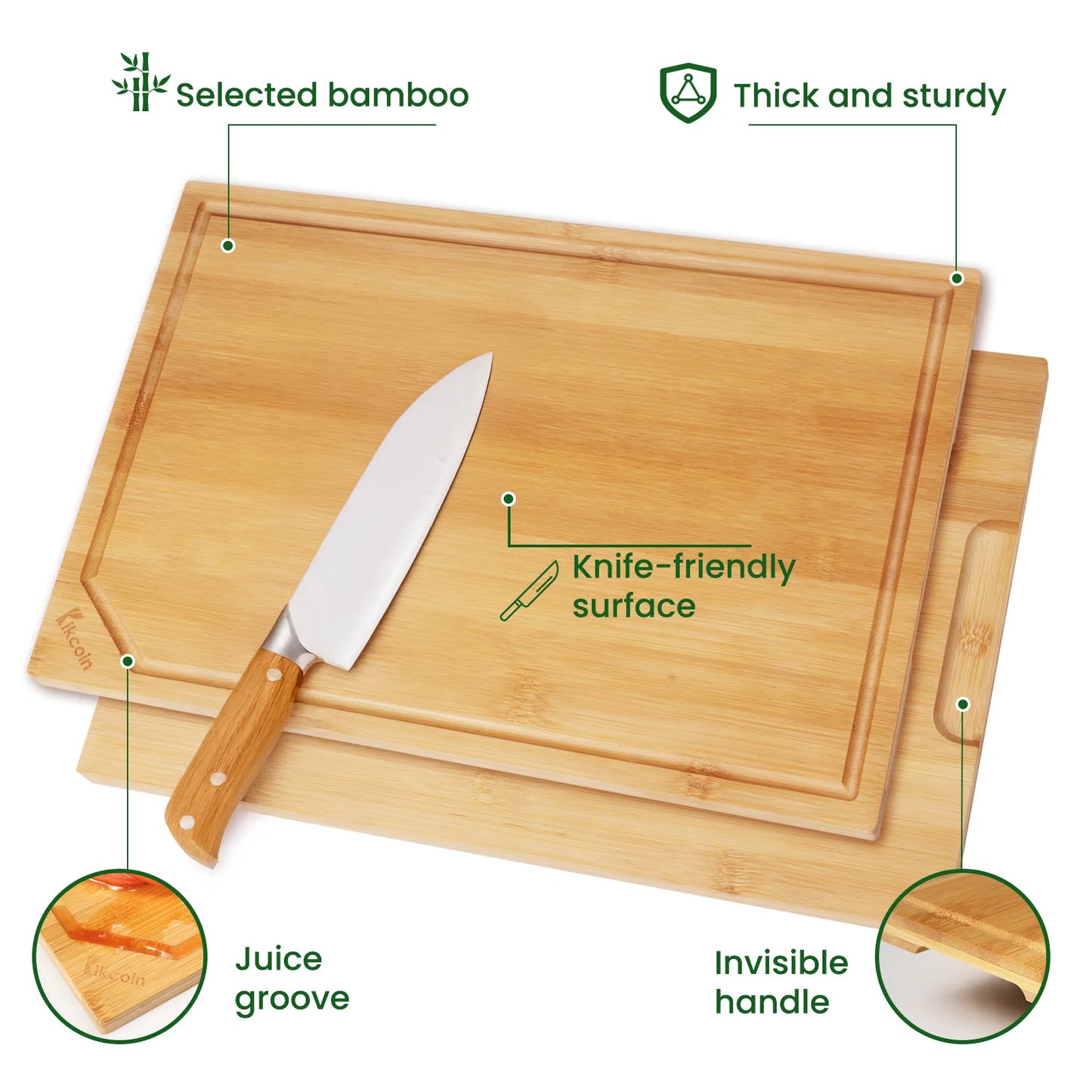 4-piece extra large heavy duty bamboo cutting board set With Inner handle design.