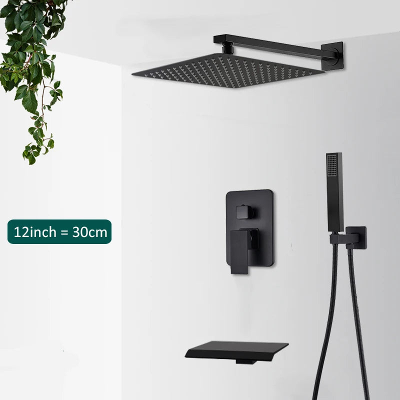 Black Concealed Rain Waterfall Shower System With Tub Spout