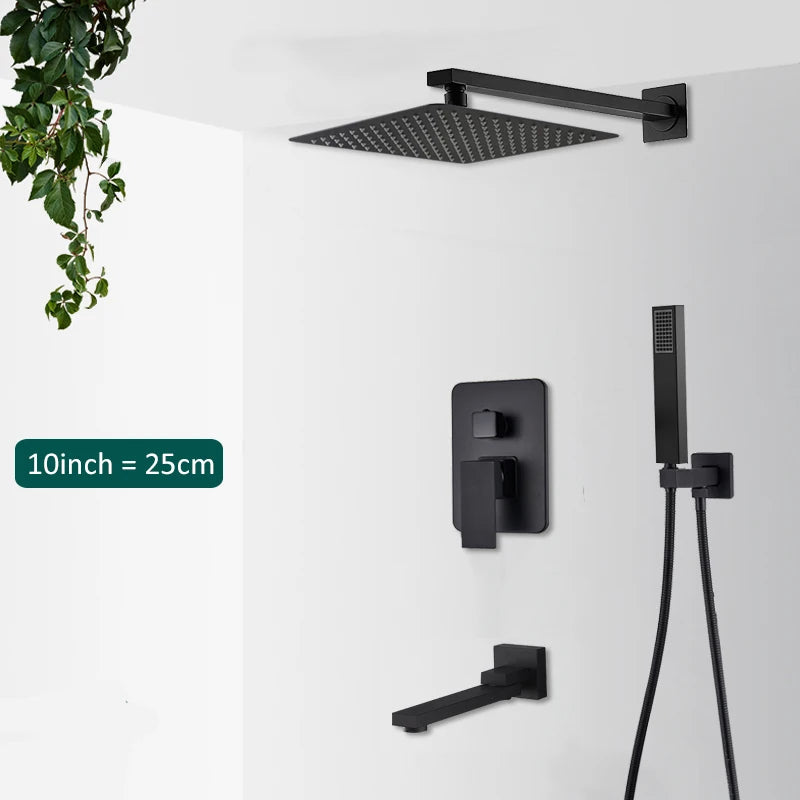 Black Concealed Rain Waterfall Shower System With Tub Spout