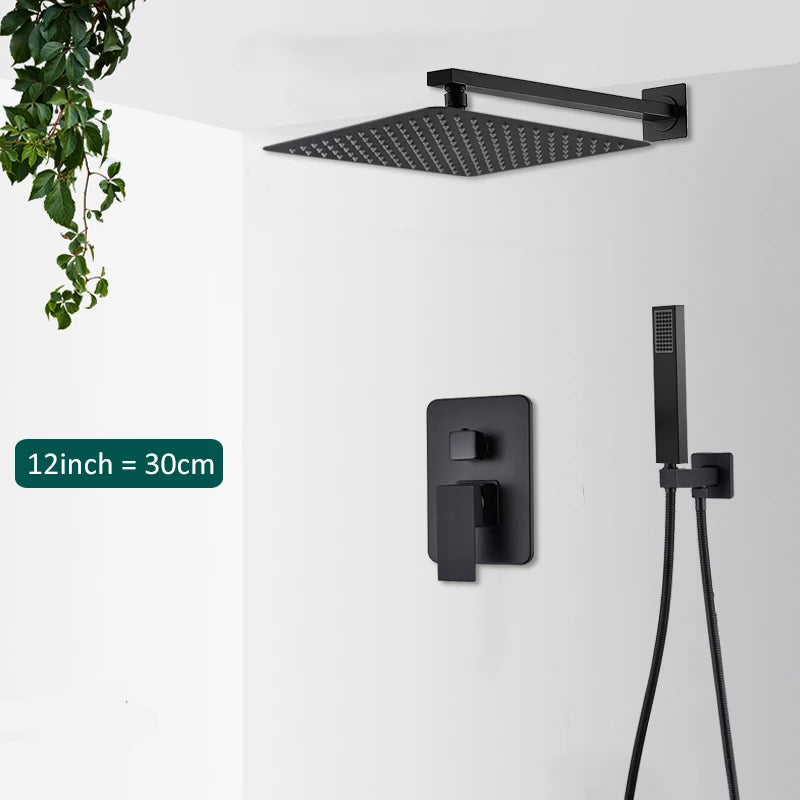 Black Concealed Rain Waterfall Shower System With Tub Spout