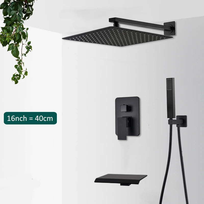 Black Concealed Rain Waterfall Shower System With Tub Spout