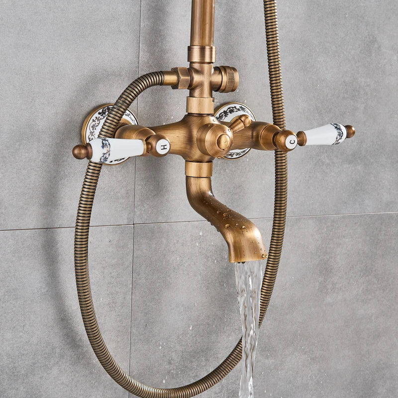 Antique Brass Rainfall Shower Faucet With Handhold Faucet
