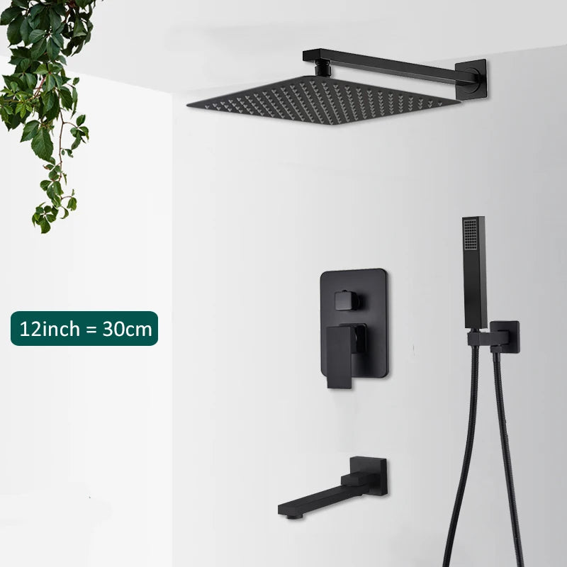 Black Concealed Rain Waterfall Shower System With Tub Spout