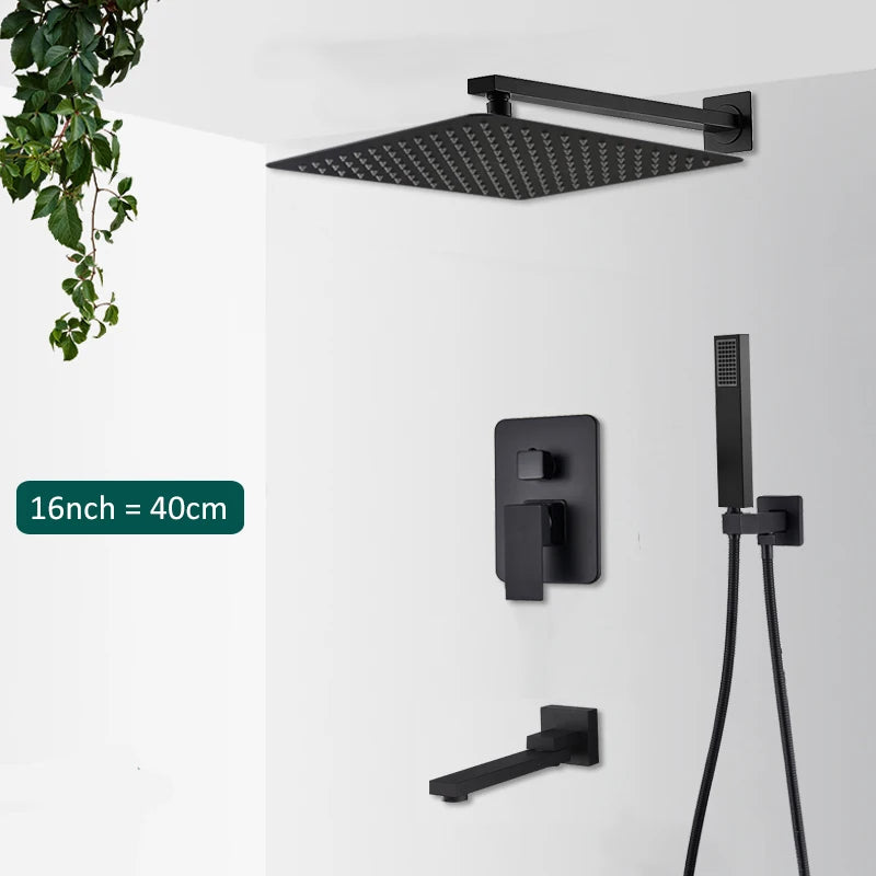Black Concealed Rain Waterfall Shower System With Tub Spout