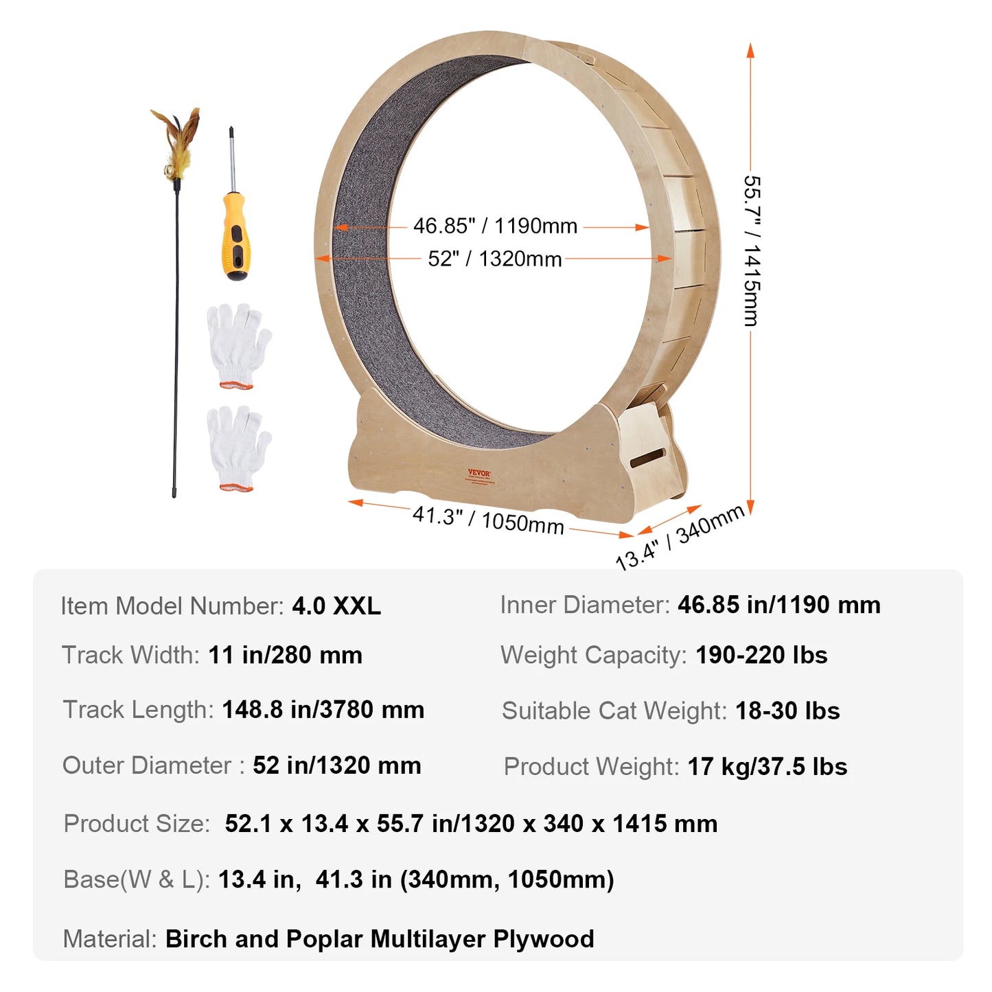 Silent Running Natural Wood Cat Exercise Wheel With Detachable Carpet for Cats Pet Fitness
