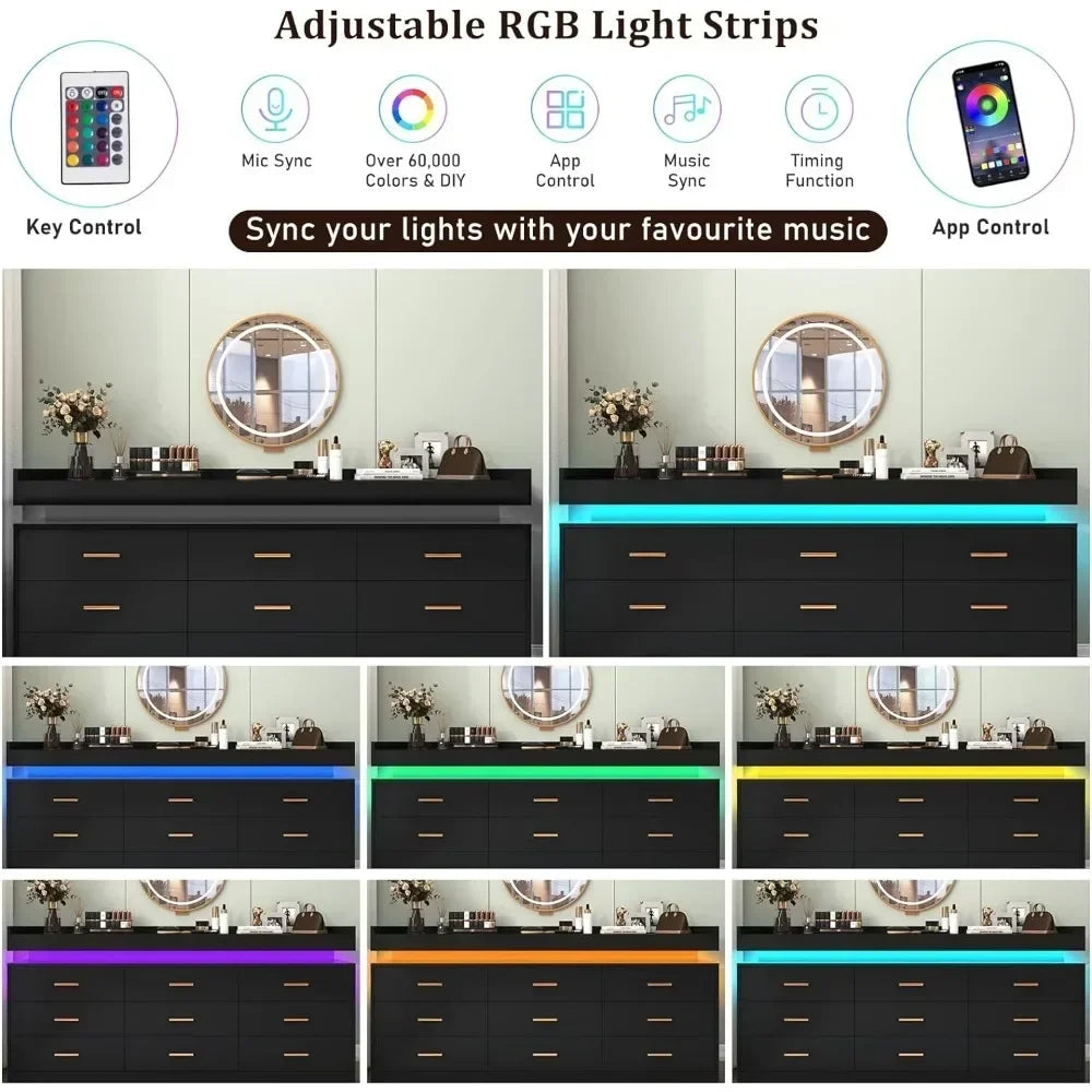 Modern 9 Drawer Dresser with LED Lighting Wide