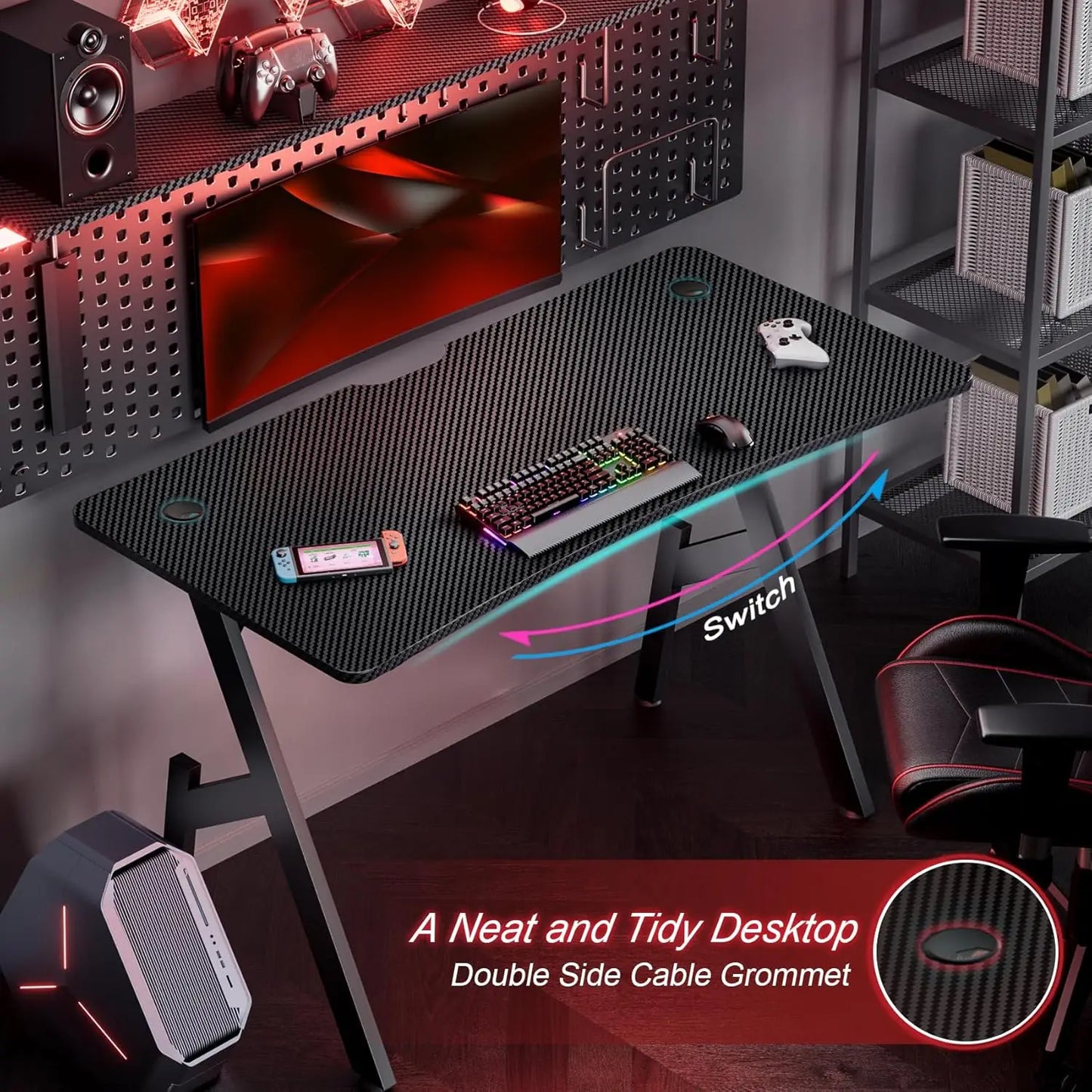 47 Inch Gaming Desk with Carbon Fibre Surface,Large Computer Desk Gaming Table,Ergonomic Pc Gaming Workstation Home Office Desks