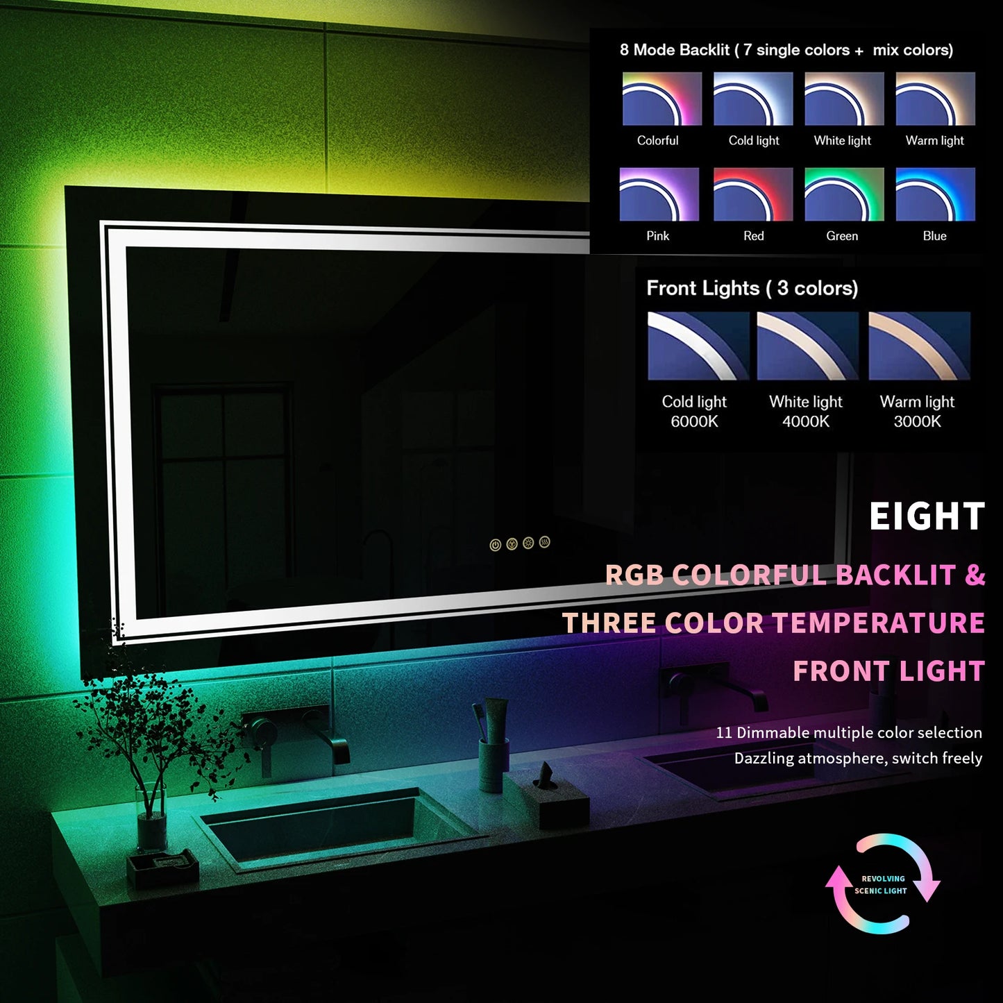 Wall Mounted Large LED Bathroom Vanity Mirror With Backlit , Anti- Fog, Dimmable , CRI 90