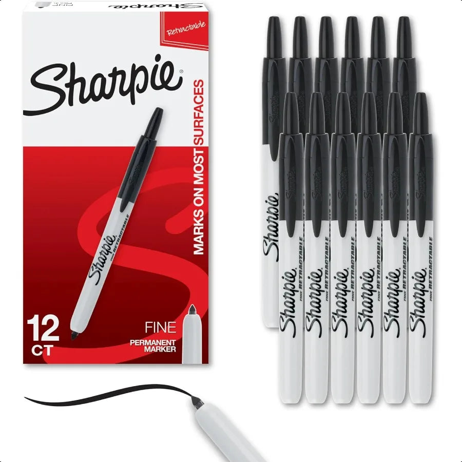 Retractable Permanent Fine Tip Marker Set Black 12 Count