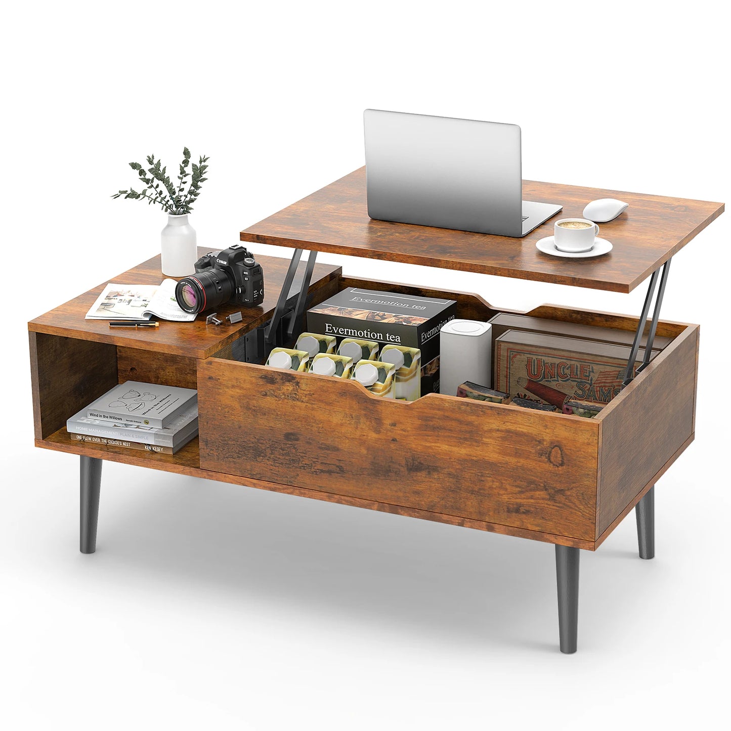 Wood Lift Top Coffee  39.37"x19.7" Table For Living Room 39.37"x19.7" With Adjustable Storage Shelf