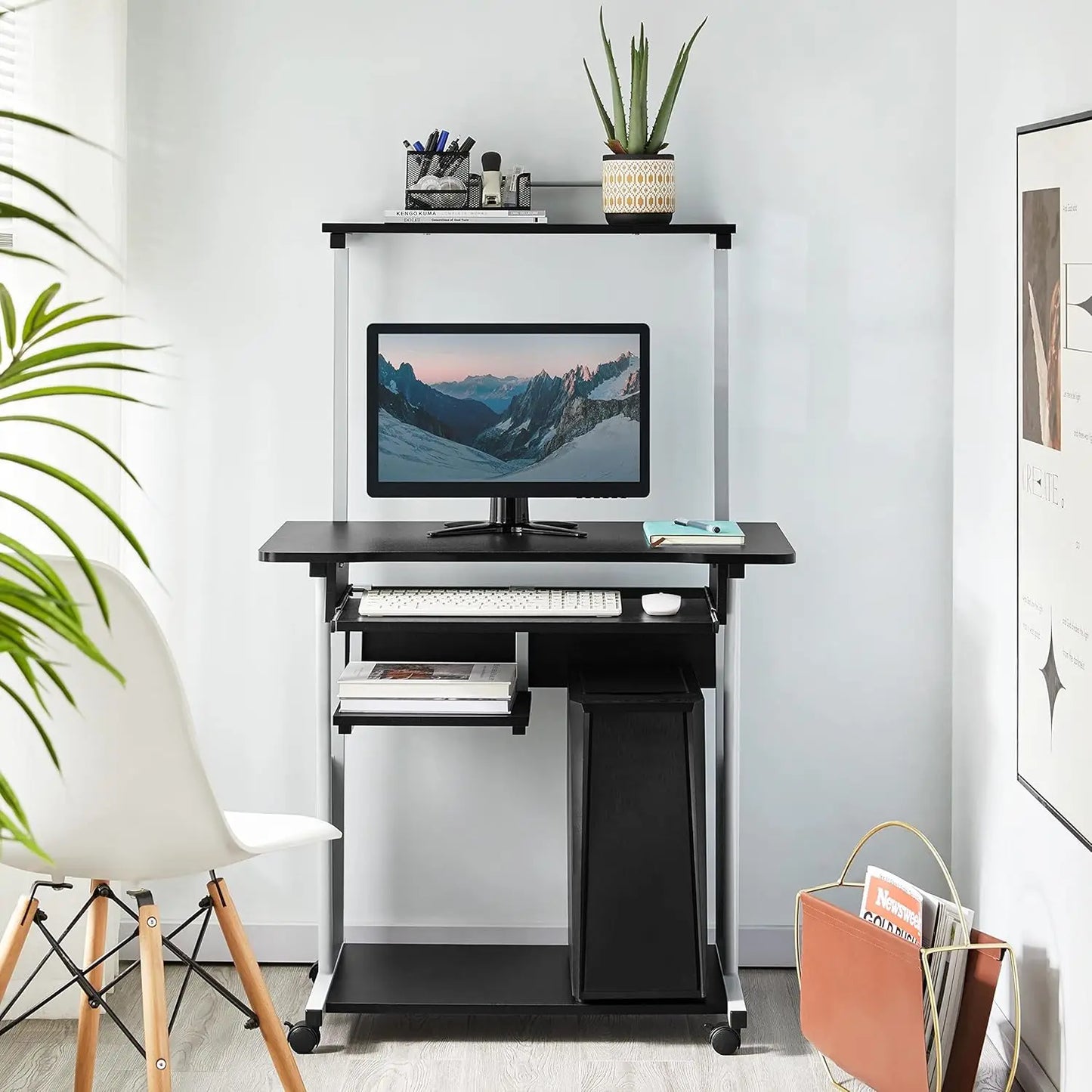 3 Tiers Rolling Computer Desk with Keyboard Tray and Printer Shelf for Home Office, Mobile Computer Desk for Small Space