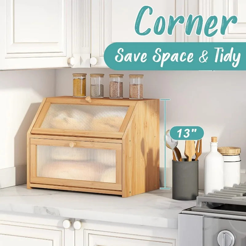 Bread Box for Kitchen Counter, Large Bamboo Wood Double Layer Bread Box, Wooden Bread Storage Capacity