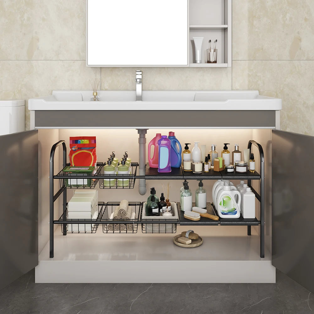 1 Set Kitchen Under Sink Organizers, Expandable Cabinet Shelf Organizer Rack With Removable Baskets, Retractable Shelf Organizer