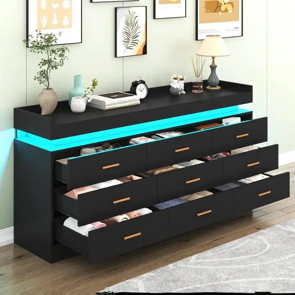Modern 9 Drawer Dresser with LED Lighting Wide