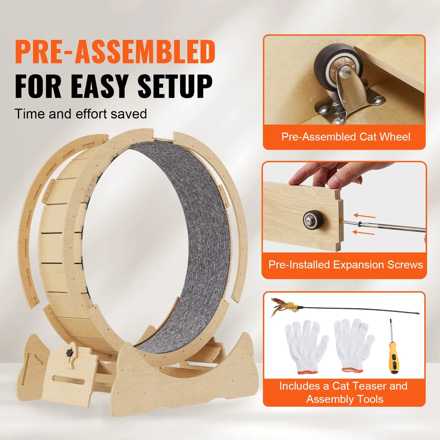Silent Running Natural Wood Cat Exercise Wheel With Detachable Carpet for Cats Pet Fitness