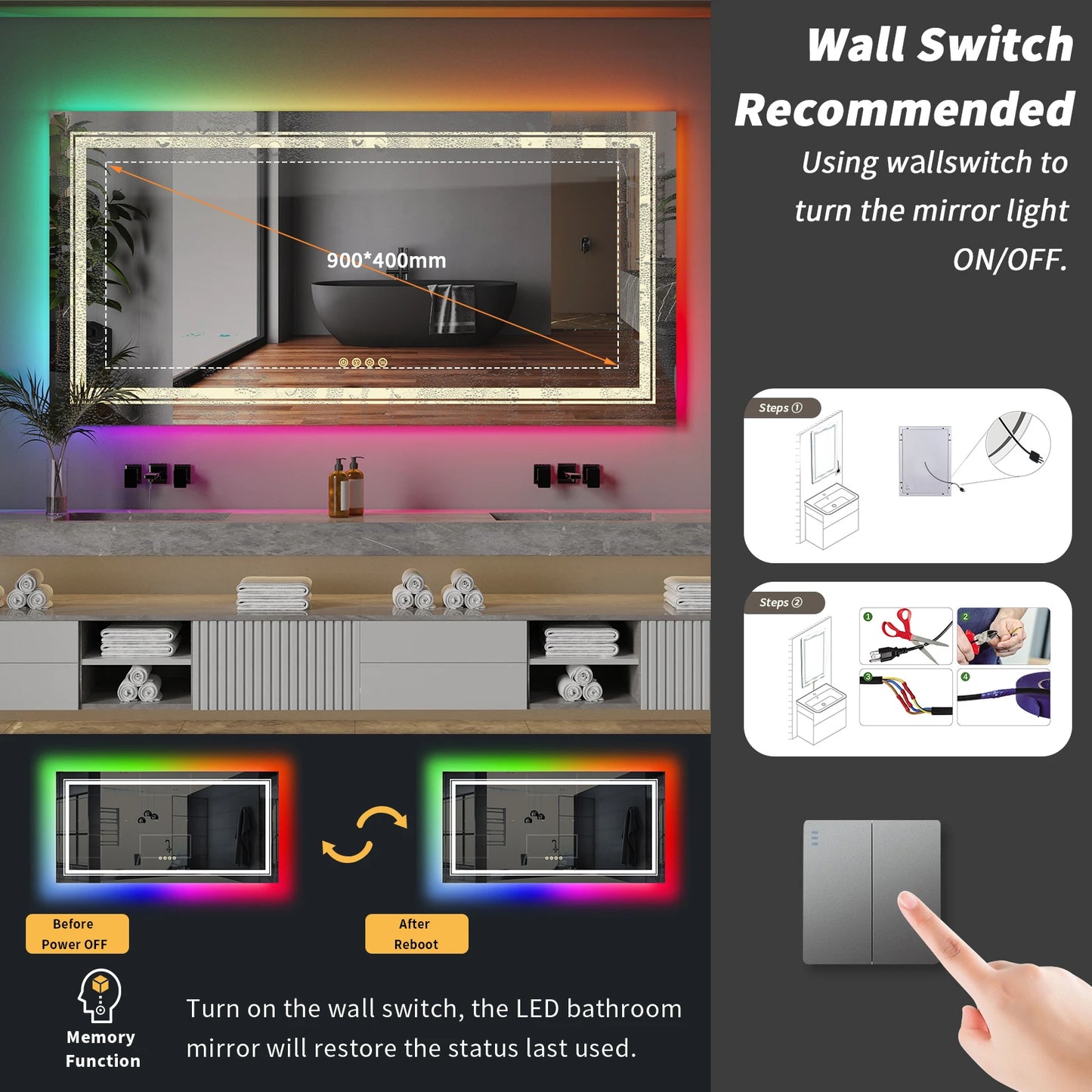 Wall Mounted Large LED Bathroom Vanity Mirror With Backlit , Anti- Fog, Dimmable , CRI 90