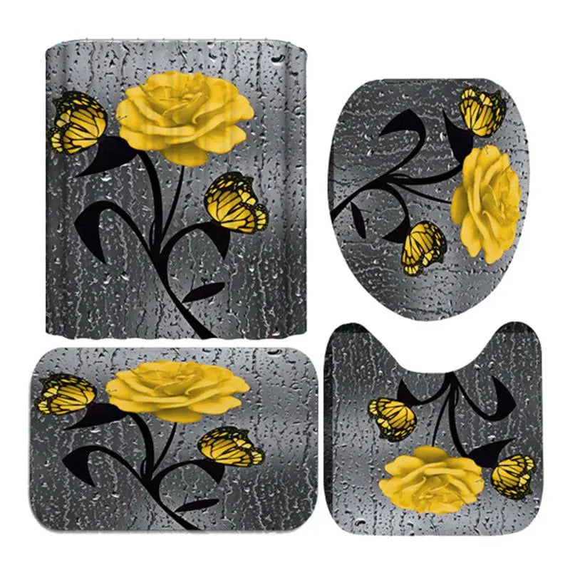 4pcs Set Doormat Shower Curtain with Non-Slip Rugs Toilet Seat Cover Bath Carpet Durable Waterproof Bathroom Home Entrance Decor