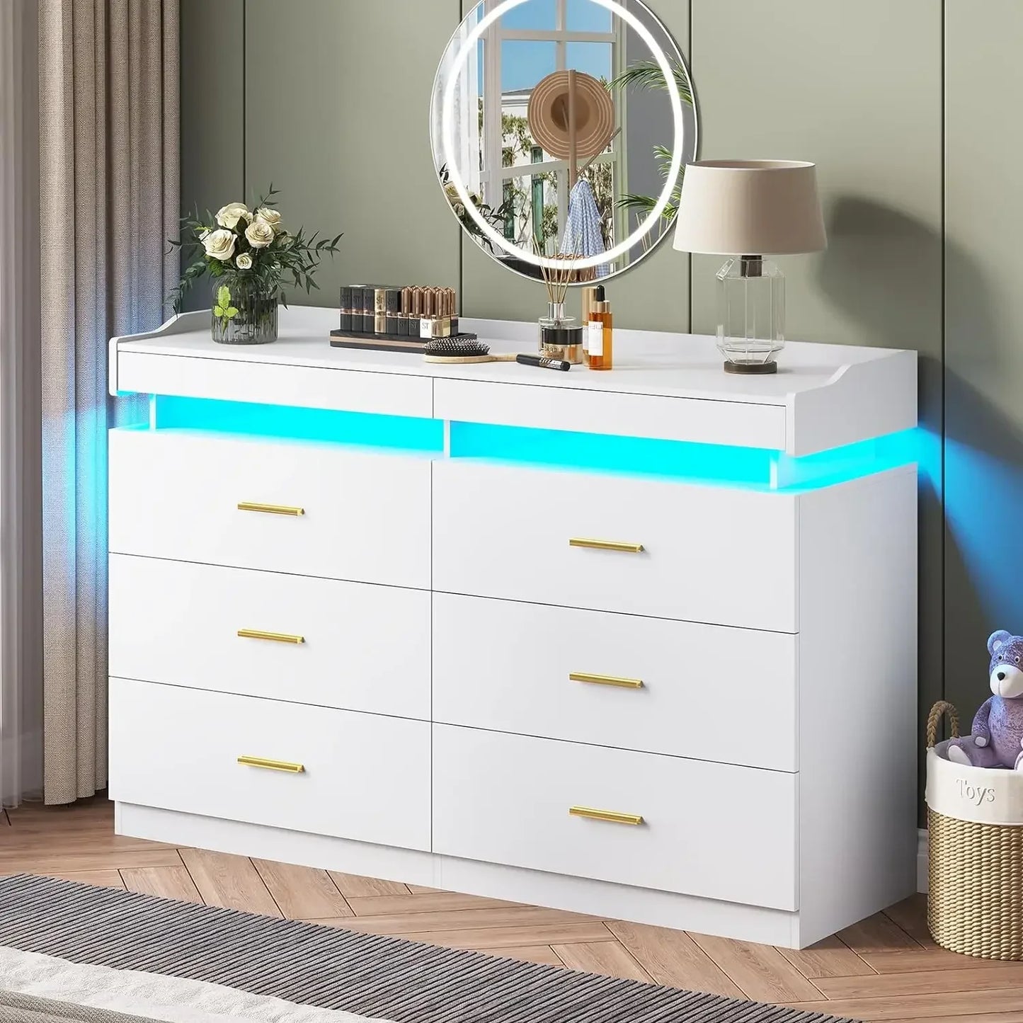 Modern 9 Drawer Dresser with LED Lighting Wide