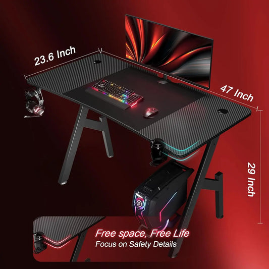 47 Inch Gaming Desk with Carbon Fibre Surface,Large Computer Desk Gaming Table,Ergonomic Pc Gaming Workstation Home Office Desks