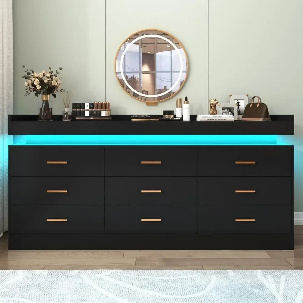 Modern 9 Drawer Dresser with LED Lighting Wide
