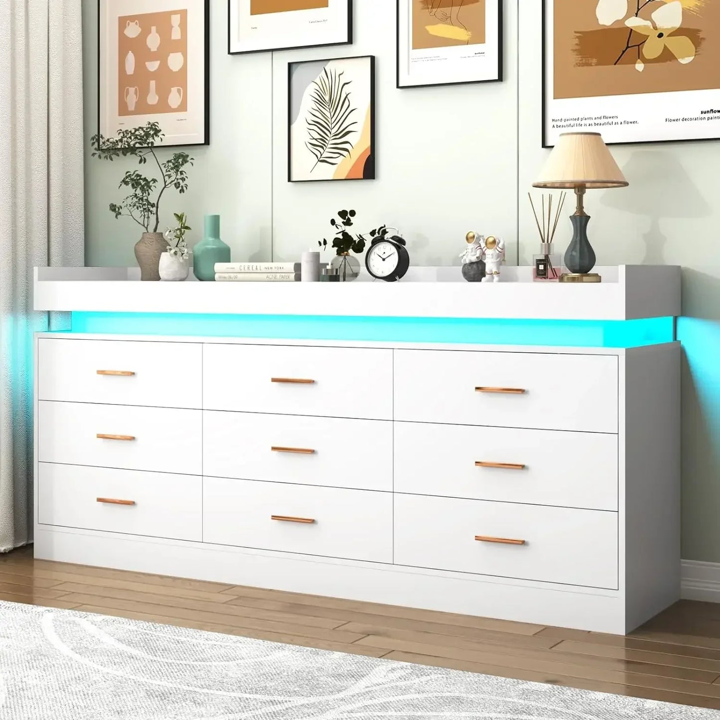 Modern 9 Drawer Dresser with LED Lighting Wide
