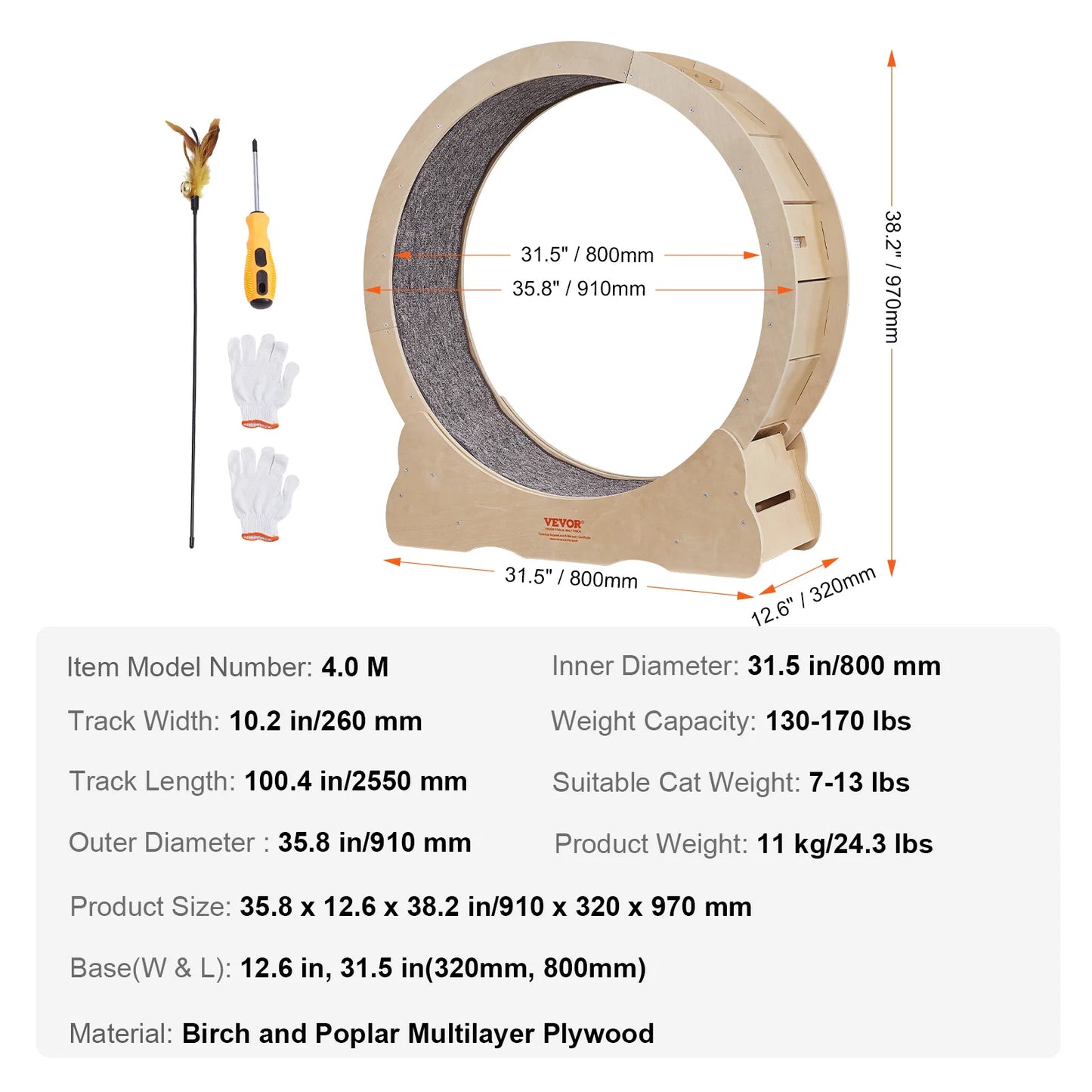 Silent Running Natural Wood Cat Exercise Wheel With Detachable Carpet for Cats Pet Fitness