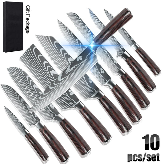 8/10pcs Japanese Kitchen Knives Set Laser Damascus Pattern