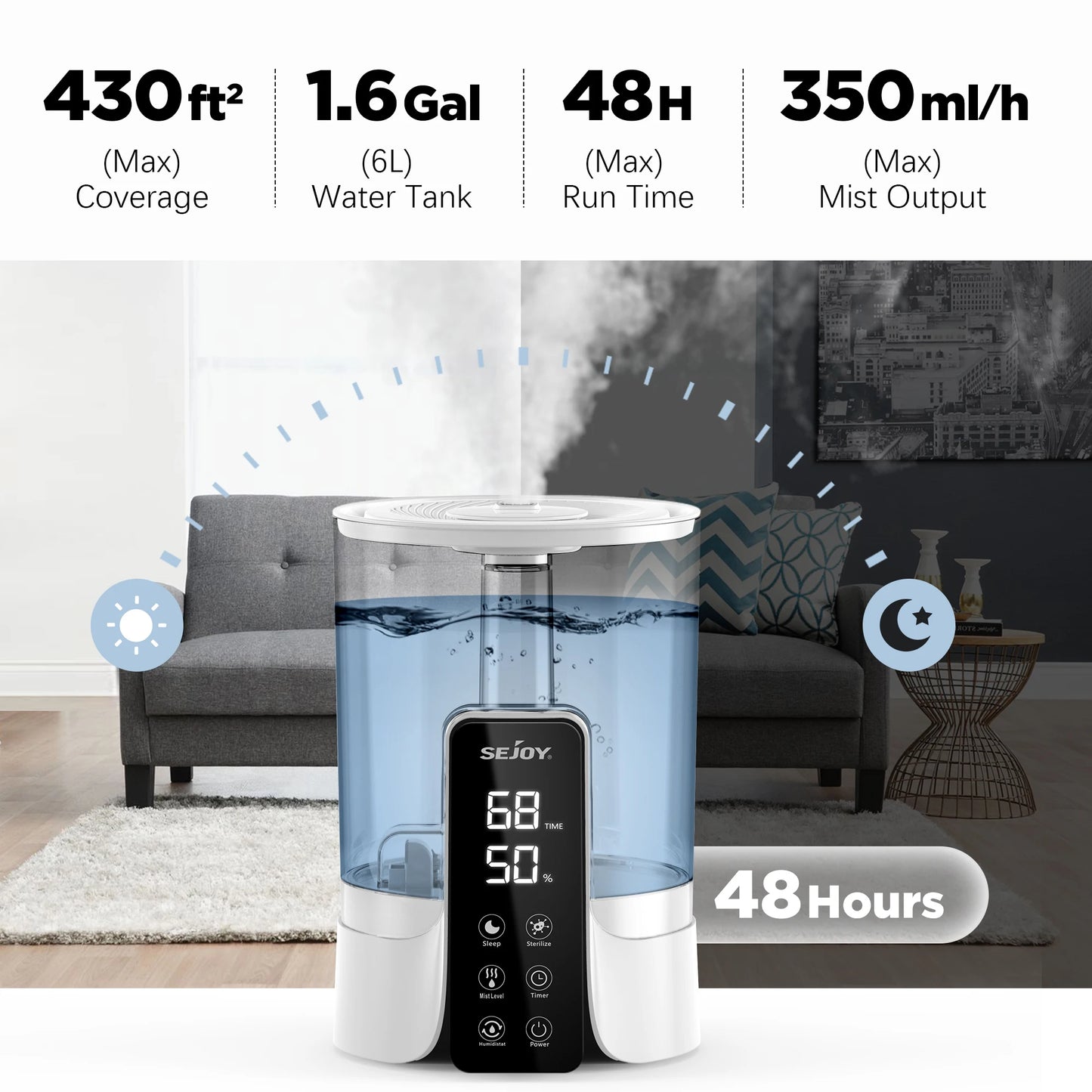 Home Air Humidifier with Led Digital Display 6L
