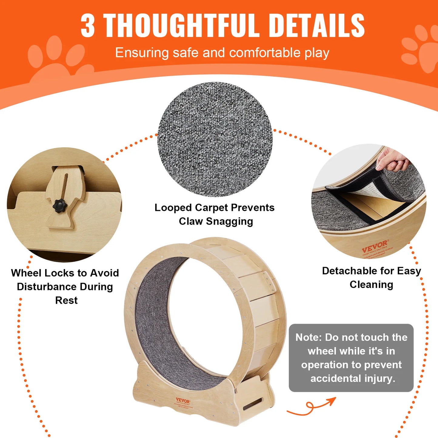 Silent Running Natural Wood Cat Exercise Wheel With Detachable Carpet for Cats Pet Fitness