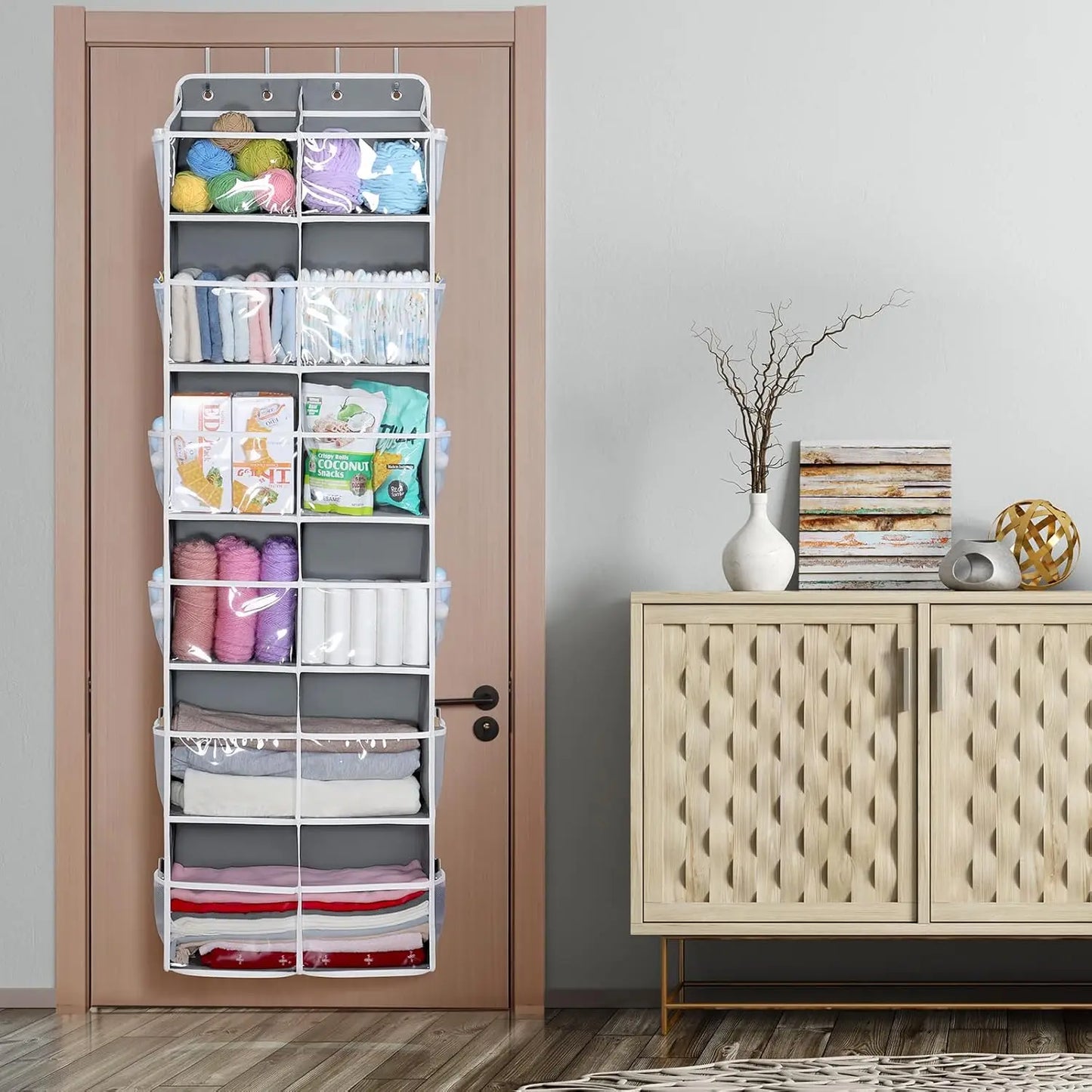 Over the Door Organizer, 6 Tiers Behind Door Storage with Clear Deep Pockets Door Hanging Organizer for Closet, Bedroom, Nursery
