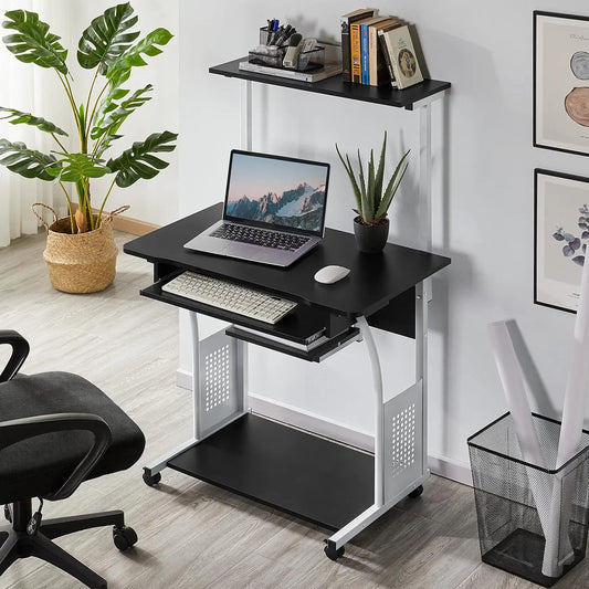 3 Tiers Rolling Computer Desk with Keyboard Tray and Printer Shelf for Home Office, Mobile Computer Desk for Small Space