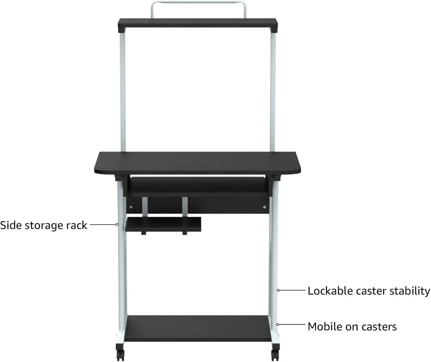 3 Tiers Rolling Computer Desk with Keyboard Tray and Printer Shelf for Home Office, Mobile Computer Desk for Small Space