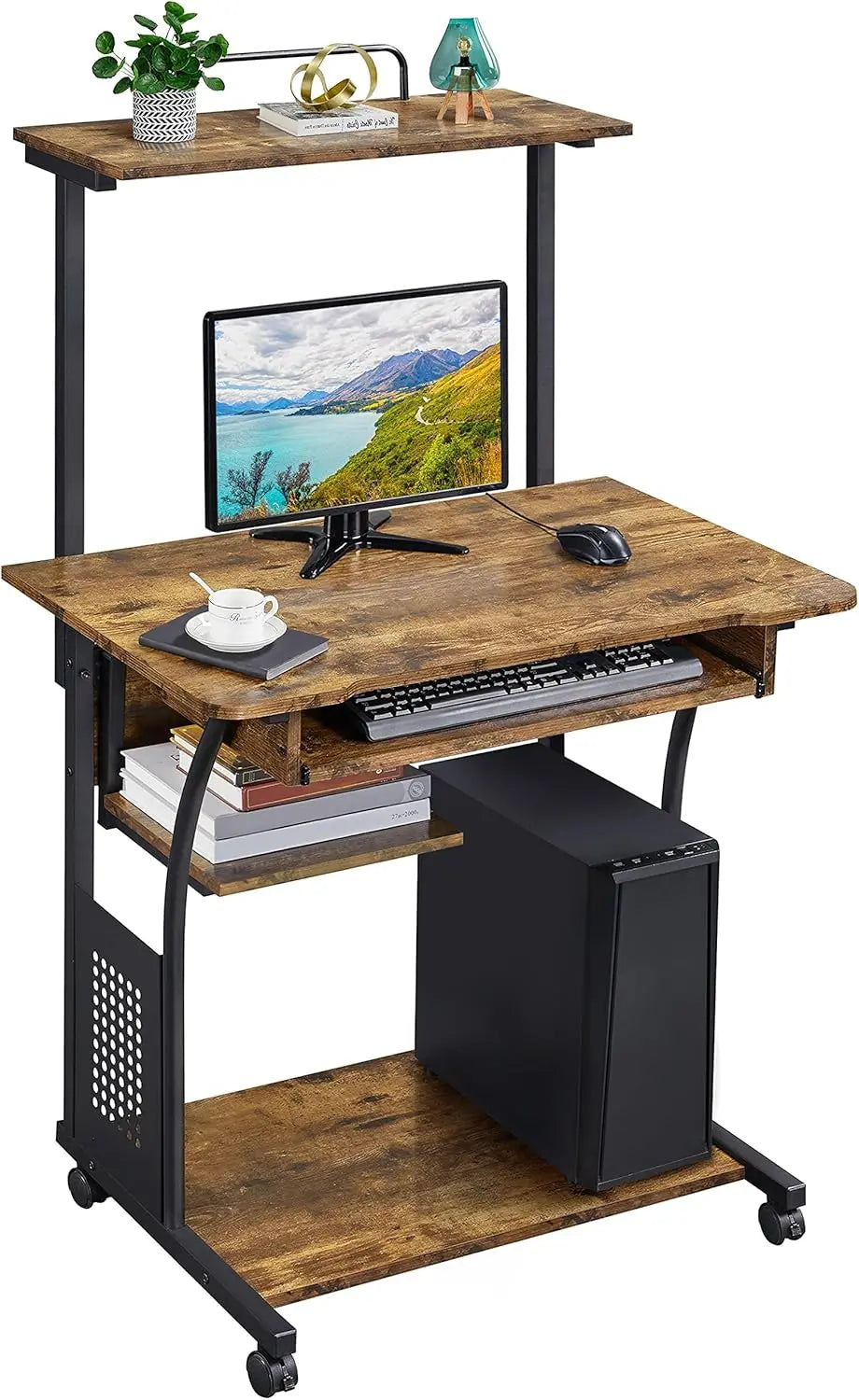 3 Tiers Rolling Computer Desk with Keyboard Tray and Printer Shelf for Home Office, Mobile Computer Desk for Small Space