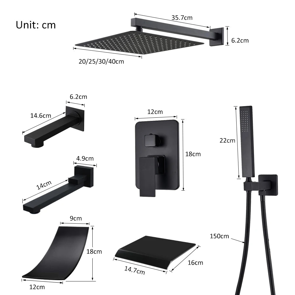 Black Concealed Rain Waterfall Shower System With Tub Spout