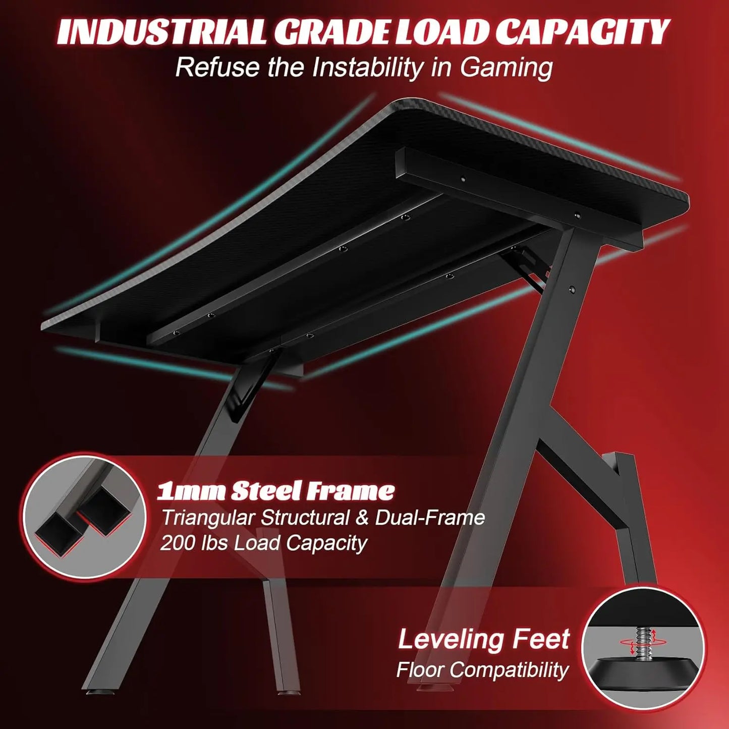 47 Inch Gaming Desk with Carbon Fibre Surface,Large Computer Desk Gaming Table,Ergonomic Pc Gaming Workstation Home Office Desks