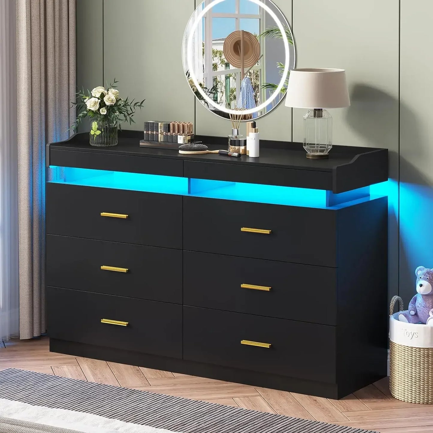 Modern 9 Drawer Dresser with LED Lighting Wide