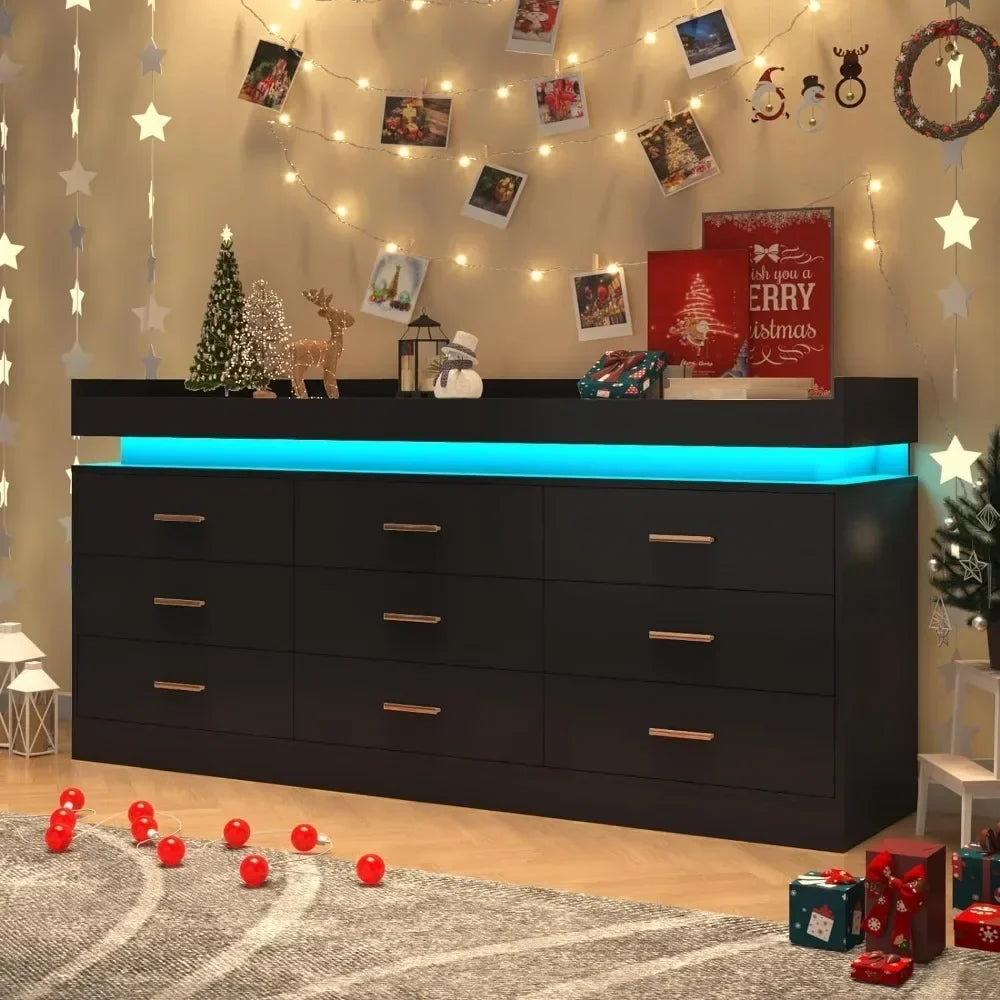 Modern 9 Drawer Dresser with LED Lighting Wide
