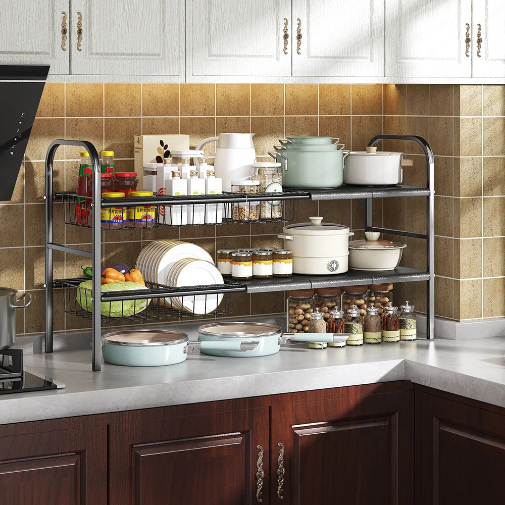 1 Set Kitchen Under Sink Organizers, Expandable Cabinet Shelf Organizer Rack With Removable Baskets, Retractable Shelf Organizer