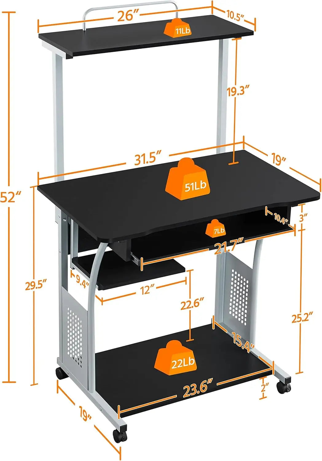 3 Tiers Rolling Computer Desk with Keyboard Tray and Printer Shelf for Home Office, Mobile Computer Desk for Small Space