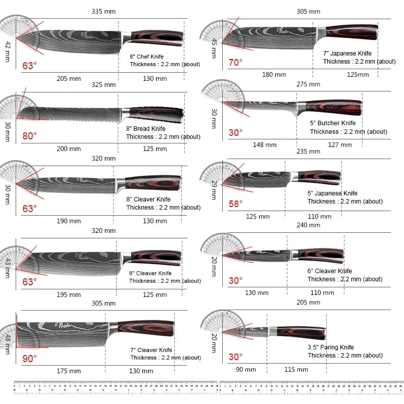8/10pcs Japanese Kitchen Knives Set Laser Damascus Pattern
