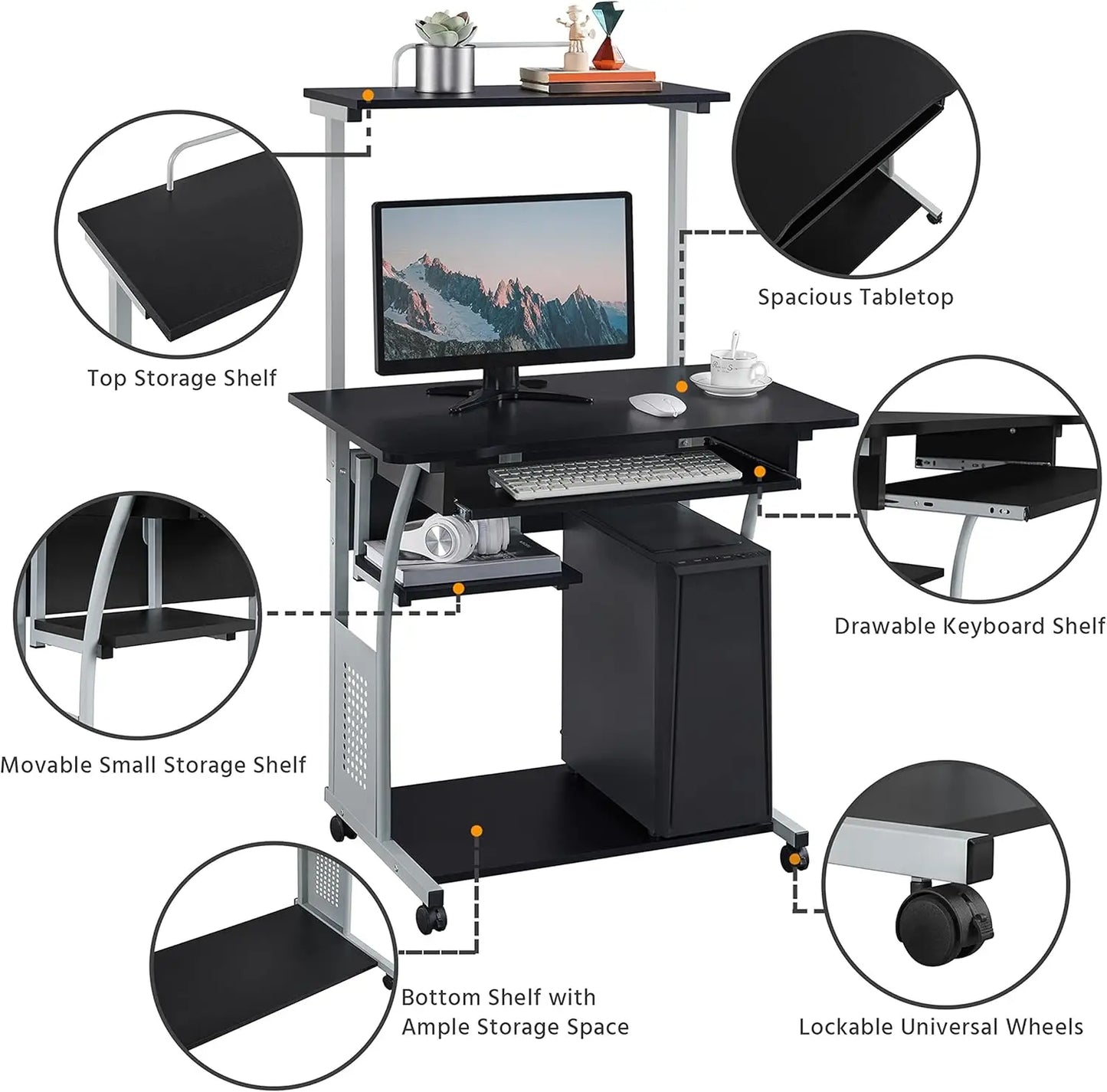 3 Tiers Rolling Computer Desk with Keyboard Tray and Printer Shelf for Home Office, Mobile Computer Desk for Small Space