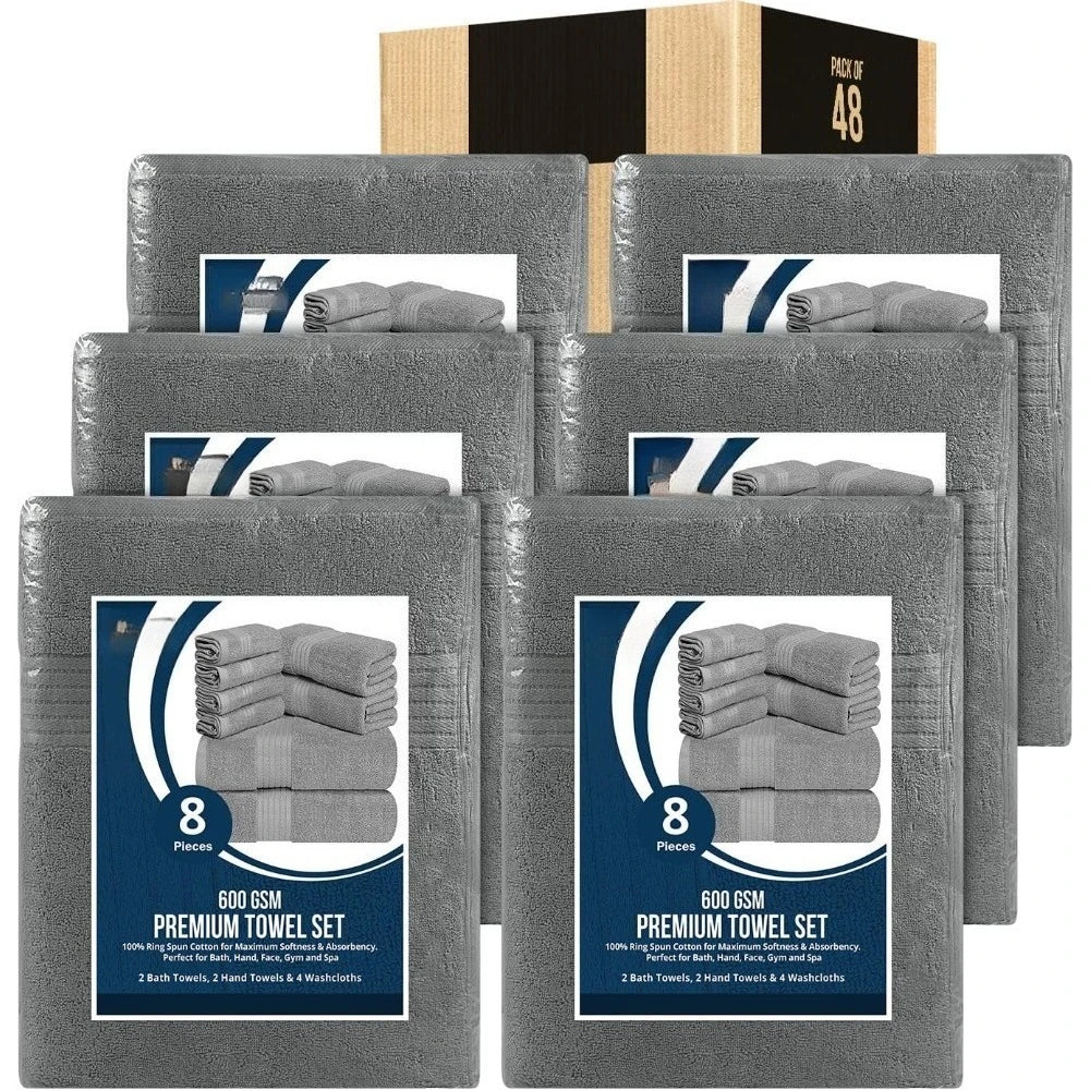 48-Piece Premium Towel Set, 12 Bath Towels, 12 Hand Towels, and 24 Wash Cloths, 100% Ring Spun Cotton Highly Absor
