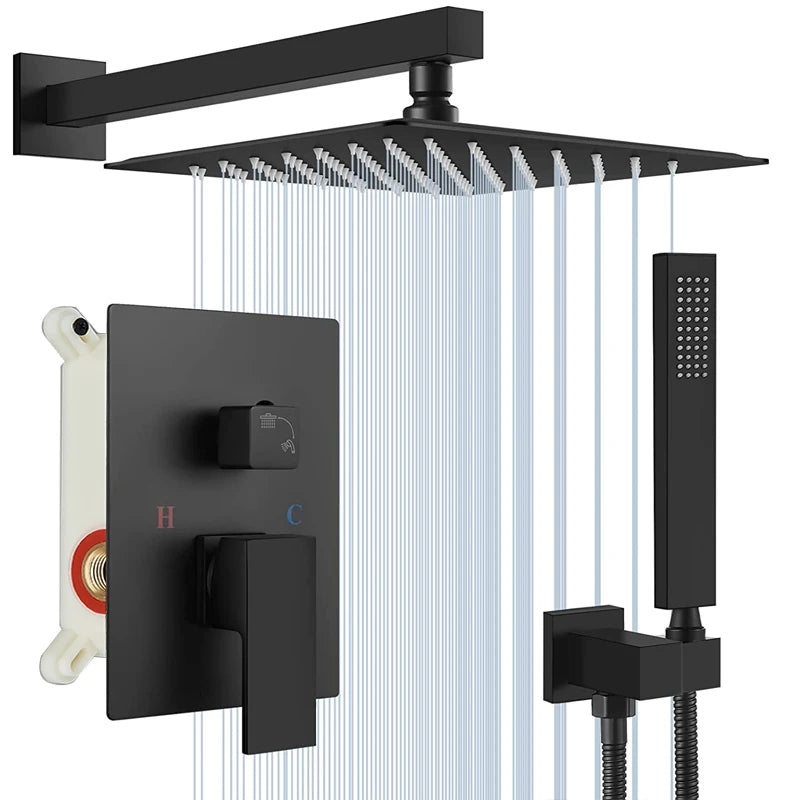 Black Concealed Rain Waterfall Shower System With Tub Spout