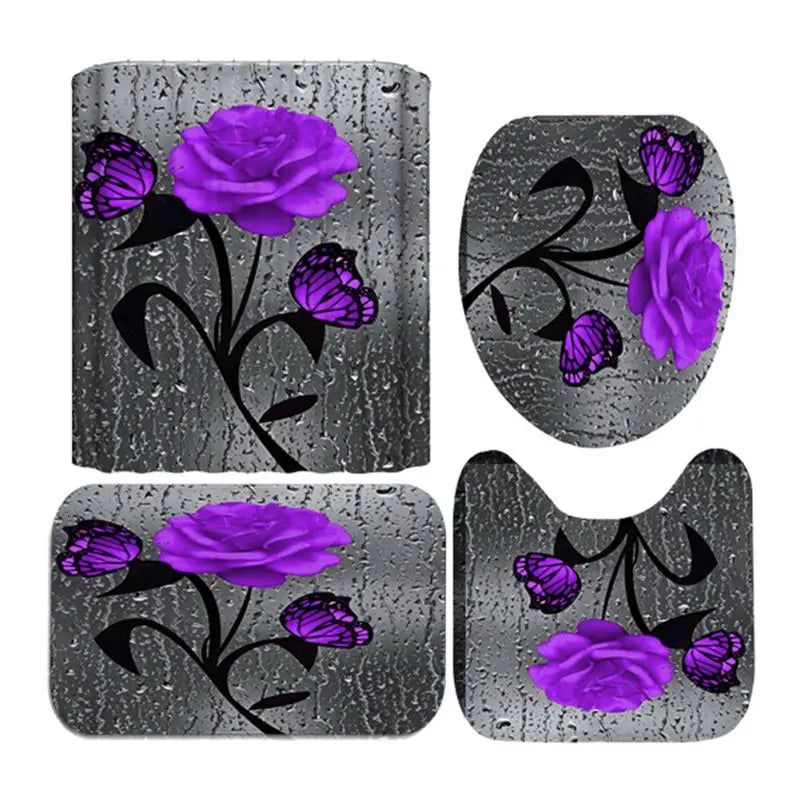 4pcs Set Doormat Shower Curtain with Non-Slip Rugs Toilet Seat Cover Bath Carpet Durable Waterproof Bathroom Home Entrance Decor