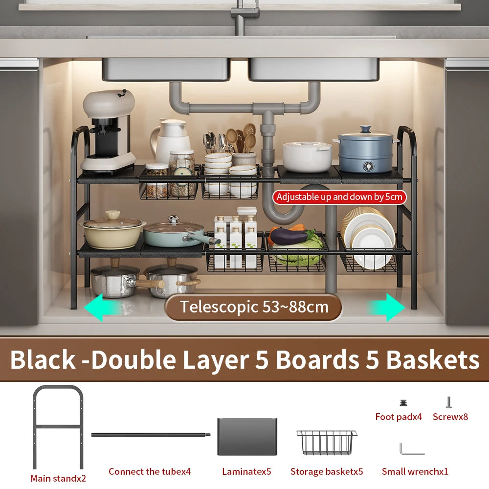 1 Set Kitchen Under Sink Organizers, Expandable Cabinet Shelf Organizer Rack With Removable Baskets, Retractable Shelf Organizer