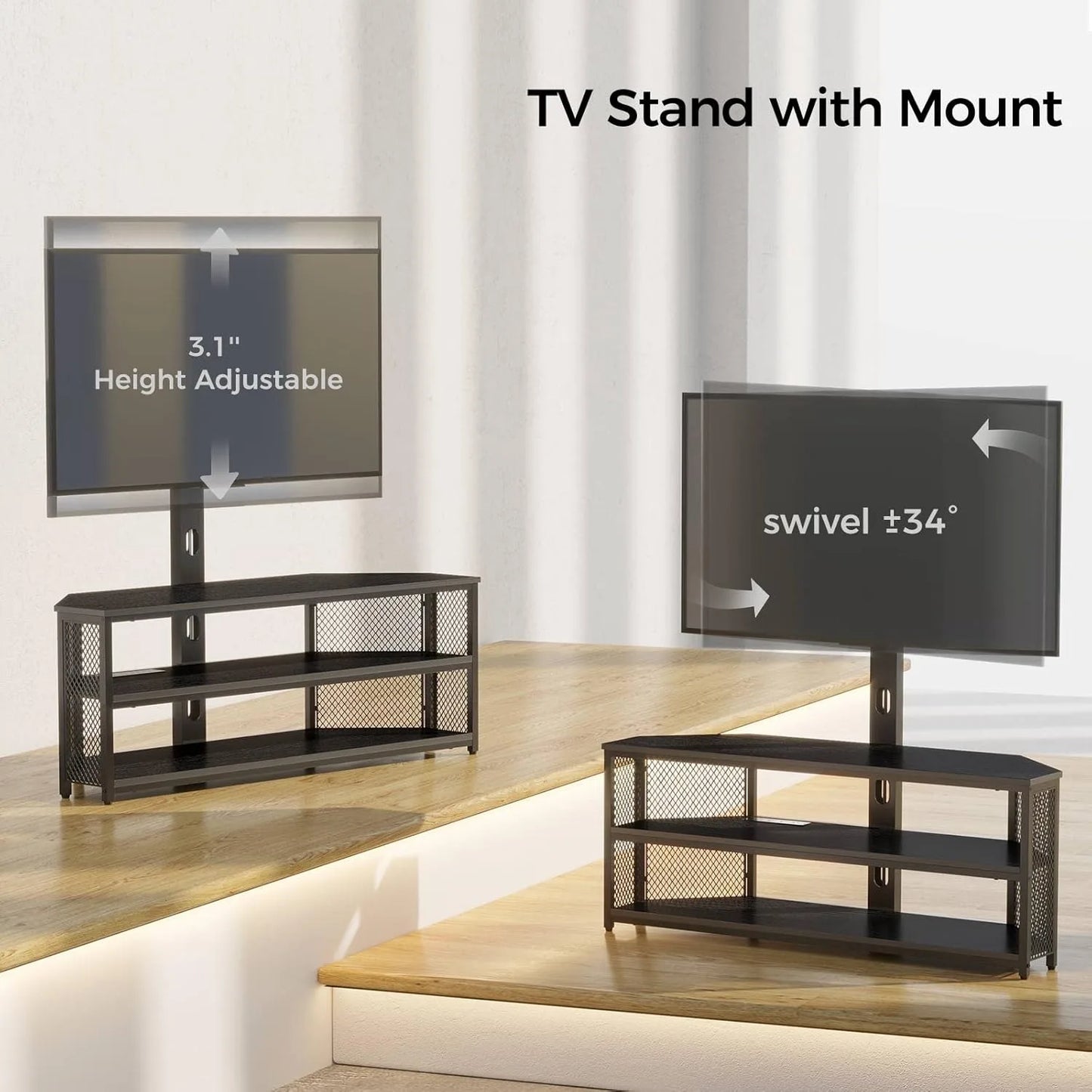 TV Stand with Mount and Power Outlet, Swivel TV Stand Mount with LED Lights for 32/45/55/60/65/70 inch TVs, Entertainment Center