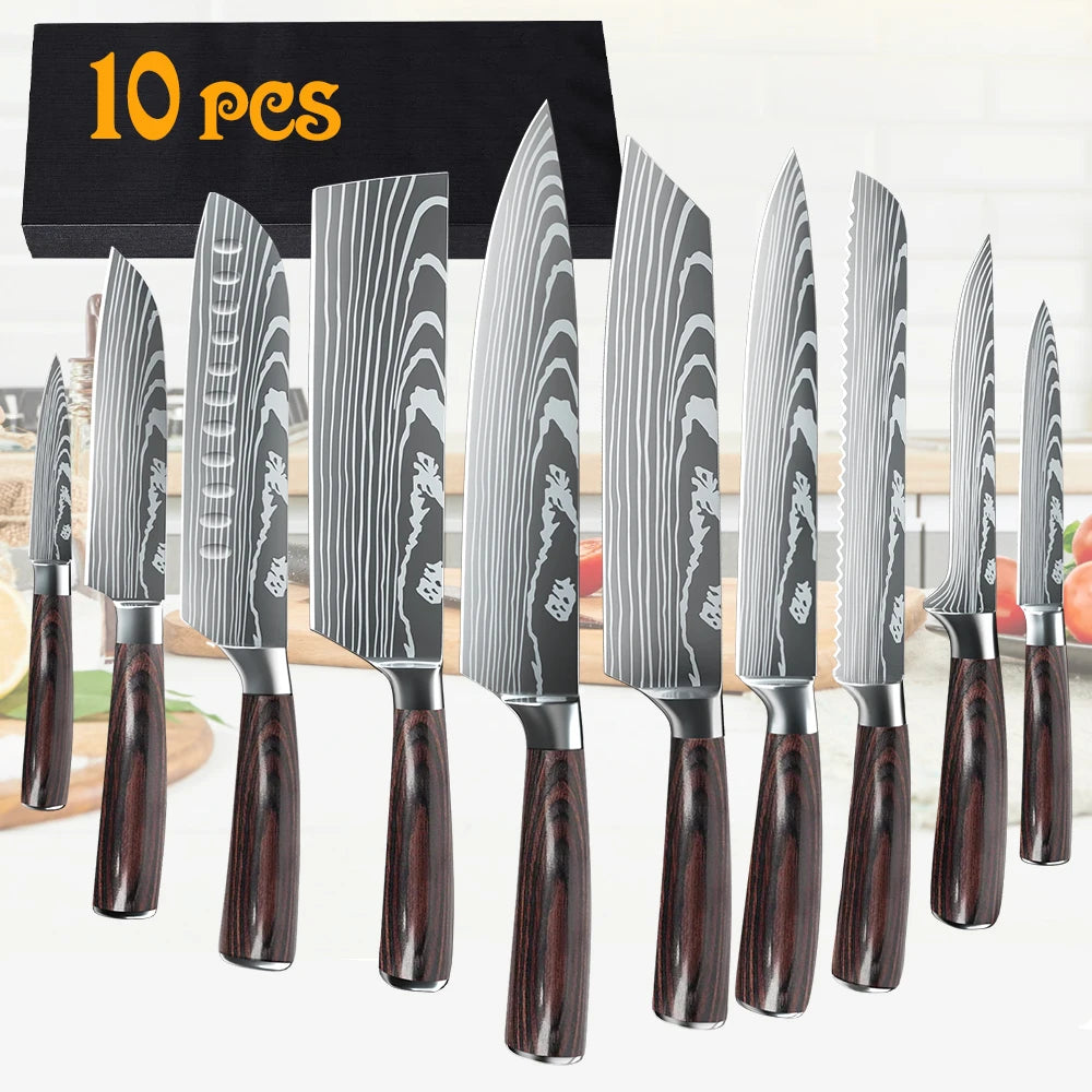 8/10pcs Japanese Kitchen Knives Set Laser Damascus Pattern